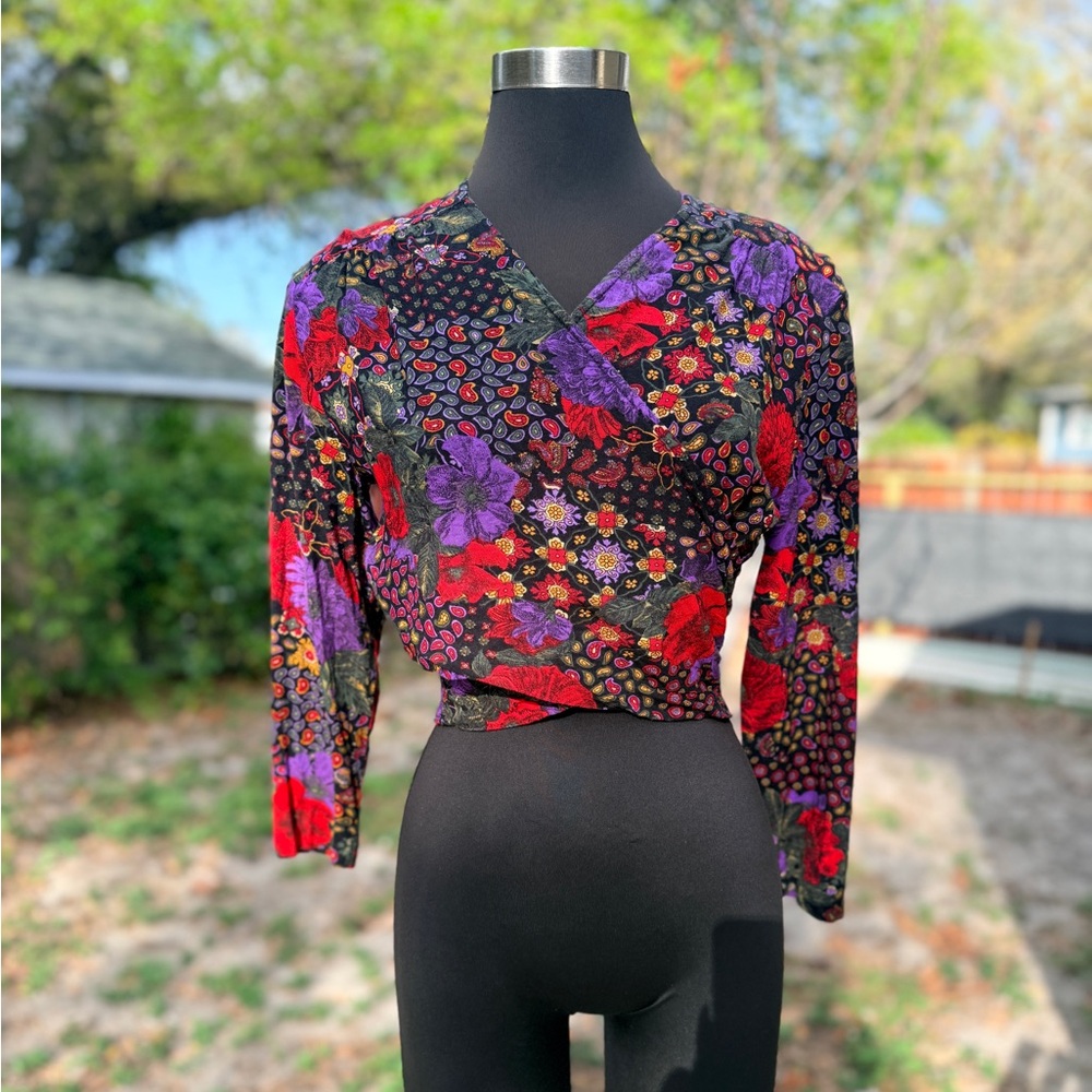 Vintage Black Floral Wrap Crop Top with Red & Purple Blooms